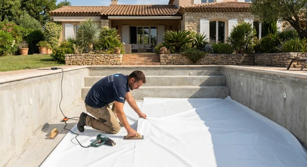 Technicien expérimenté en vêtements de travail professionnels effectuant le remplacement d'un liner de piscine. La scène montre le bassin partiellement vidé, avec le technicien manipulant le nouveau liner (membrane blanche ou colorée) en train de l'ajuster sur les parois et le fond du bassin. L'environnement est celui d'une piscine résidentielle classique, en jour naturel, mettant en évidence le savoir-faire et la précision du travail de rénovation.