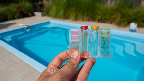 Gros plan sur une main tenant un kit d'analyse de l'eau sur une piscine claire et bleue, avec un équipement de nettoyage de piscine visible en arrière-plan