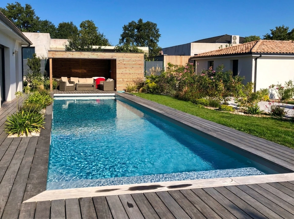 Gros plan sur une main tenant un kit d'analyse de l'eau sur une piscine claire et bleue, avec un équipement de nettoyage de piscine visible en arrière-plan